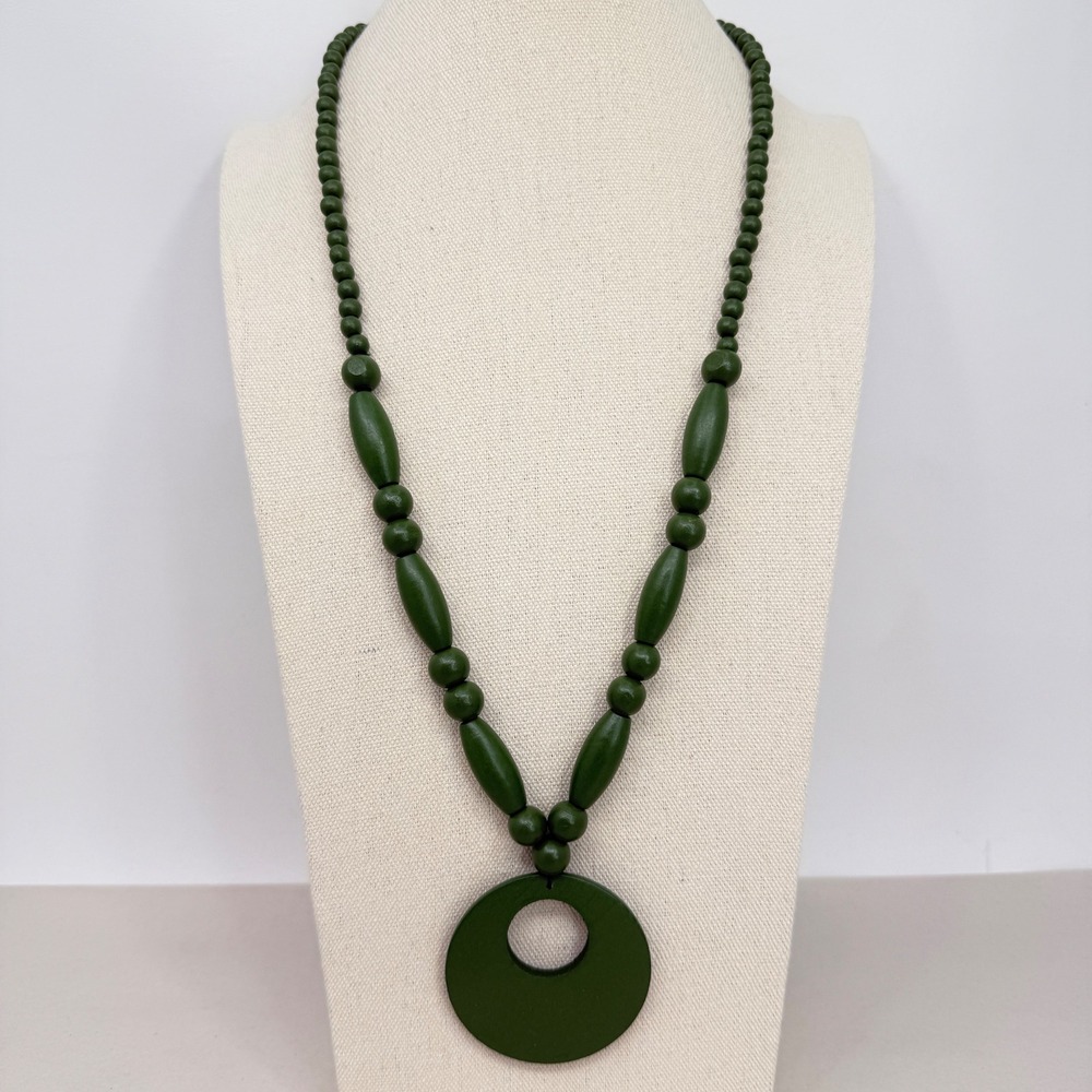 Olive Green Wood Bead Statement Necklace Geometric Circle Pendant Boho Earthy